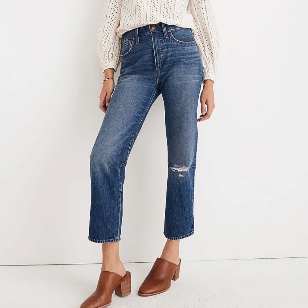 Madewell Classic Straight Jeans in Jade Wash: Knee-Rip Edition